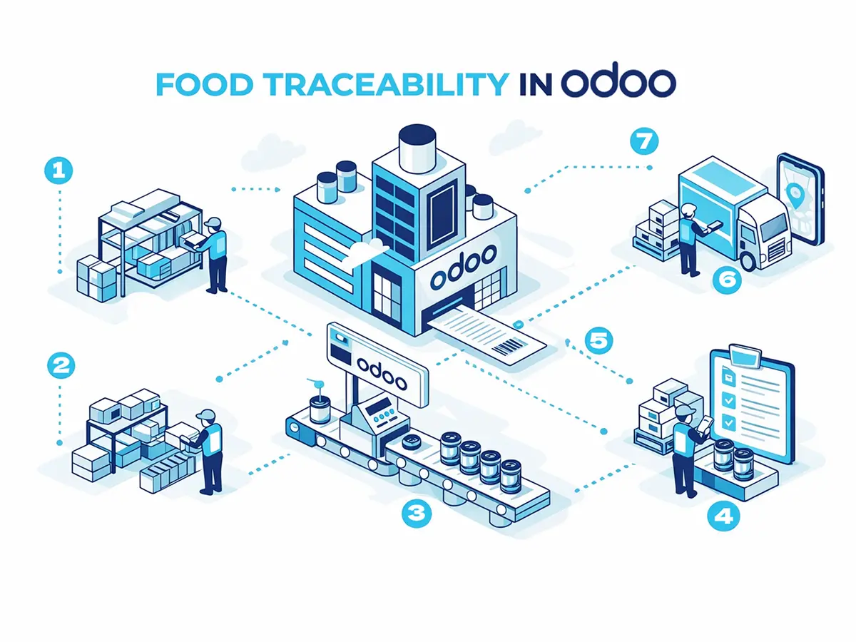 Food traceability process in Odoo showing production, storage and distribution steps